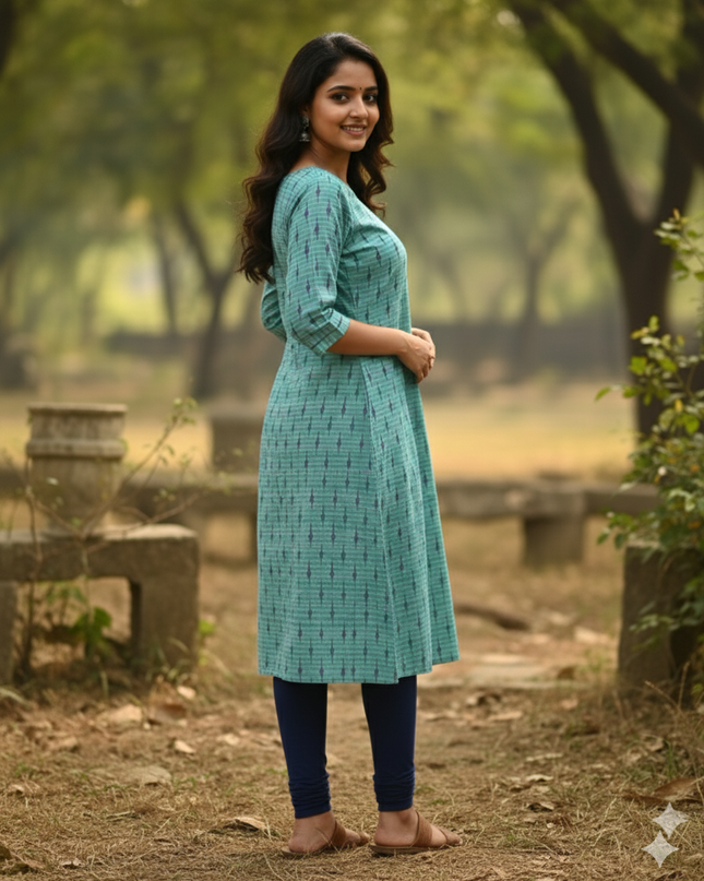 Premium Cotton Straight Cut Kurti – Beetle Green Floral Print Design for Women