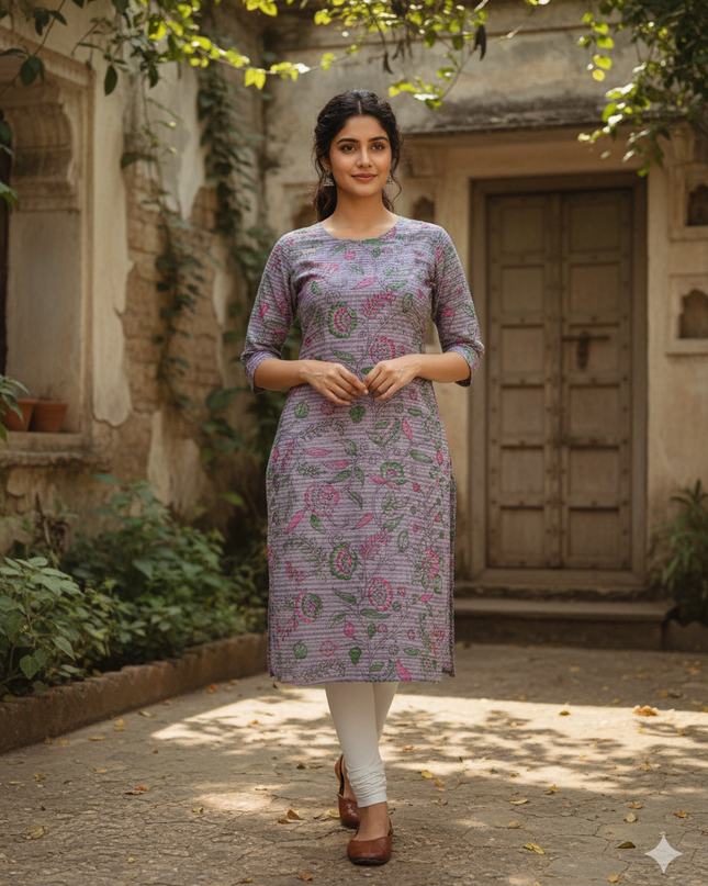 Premium Cotton Straight Cut Kurti Lavender – Elegant Floral Print Design