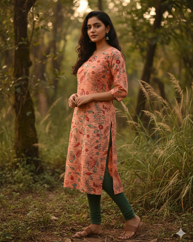 Premium Cotton Straight Cut Kurti Orange – Elegant Floral Print Design