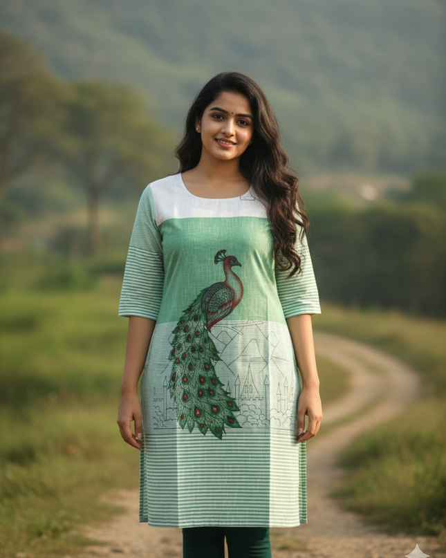 Peacock Design Straight Cut Kurti Sea Green with Full Length Lining