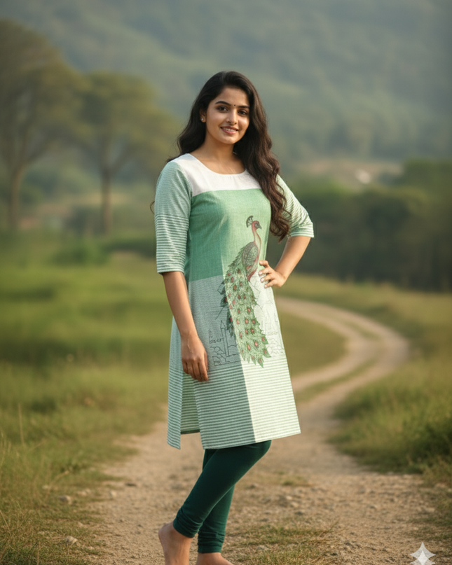 Peacock Design Straight Cut Kurti Sea Green with Full Length Lining