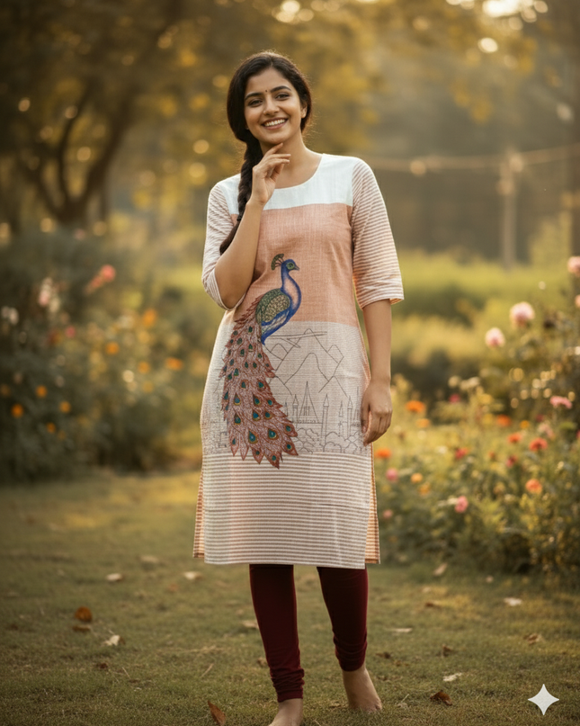 Peacock Design Straight Cut Kurti Brown with Full Length Lining