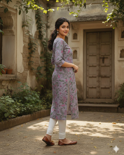 Premium Cotton Straight Cut Kurti Lavender – Elegant Floral Print Design