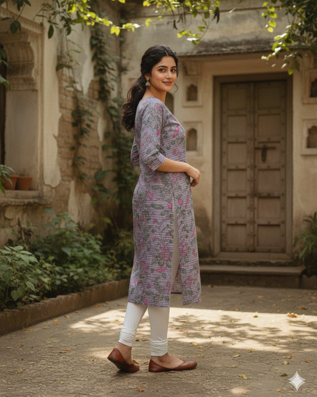 Premium Cotton Straight Cut Kurti Lavender – Elegant Floral Print Design