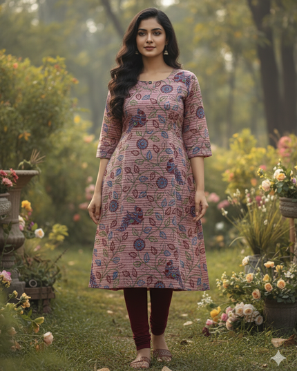 Premium Cotton Straight Cut Kurti – Copper Rose Floral Print Design for Women