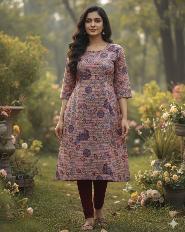 Premium Cotton Straight Cut Kurti – Copper Rose Floral Print Design for Women