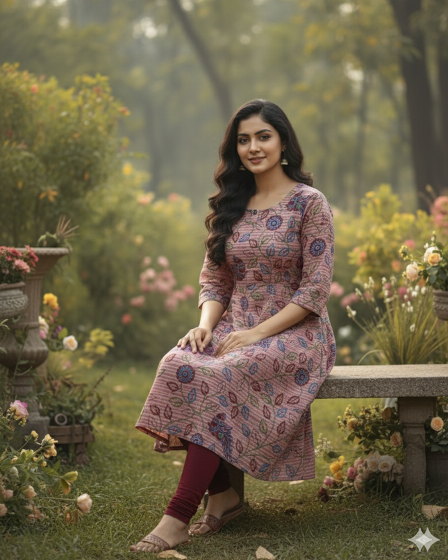 Premium Cotton Straight Cut Kurti – Copper Rose Floral Print Design for Women