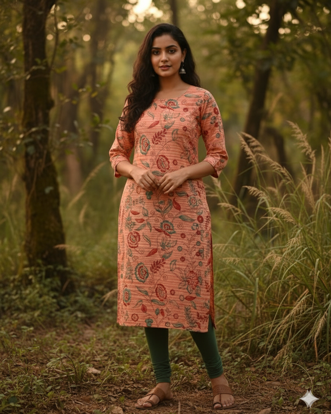 Premium Cotton Straight Cut Kurti Orange – Elegant Floral Print Design