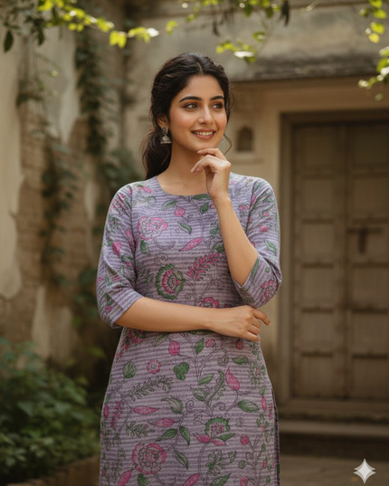 Premium Cotton Straight Cut Kurti Lavender – Elegant Floral Print Design