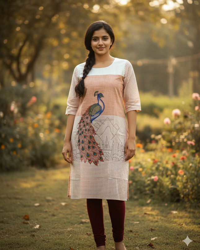 Peacock Design Straight Cut Kurti Brown with Full Length Lining