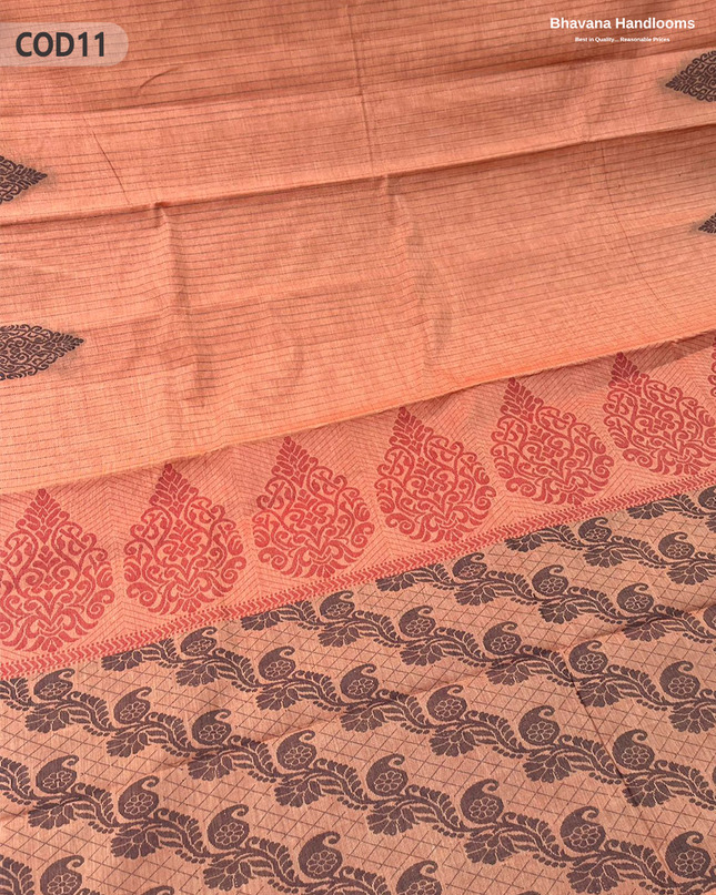 Traditional Coimbatore Handloom Saree – Thread Woven, Small Border, Pale Copper colour