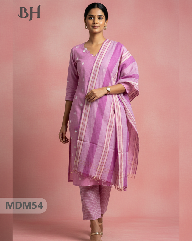 Handloom Jacquard 3pc Suit Set – Pink with Pocket, Elastic Bottom & Full Lining