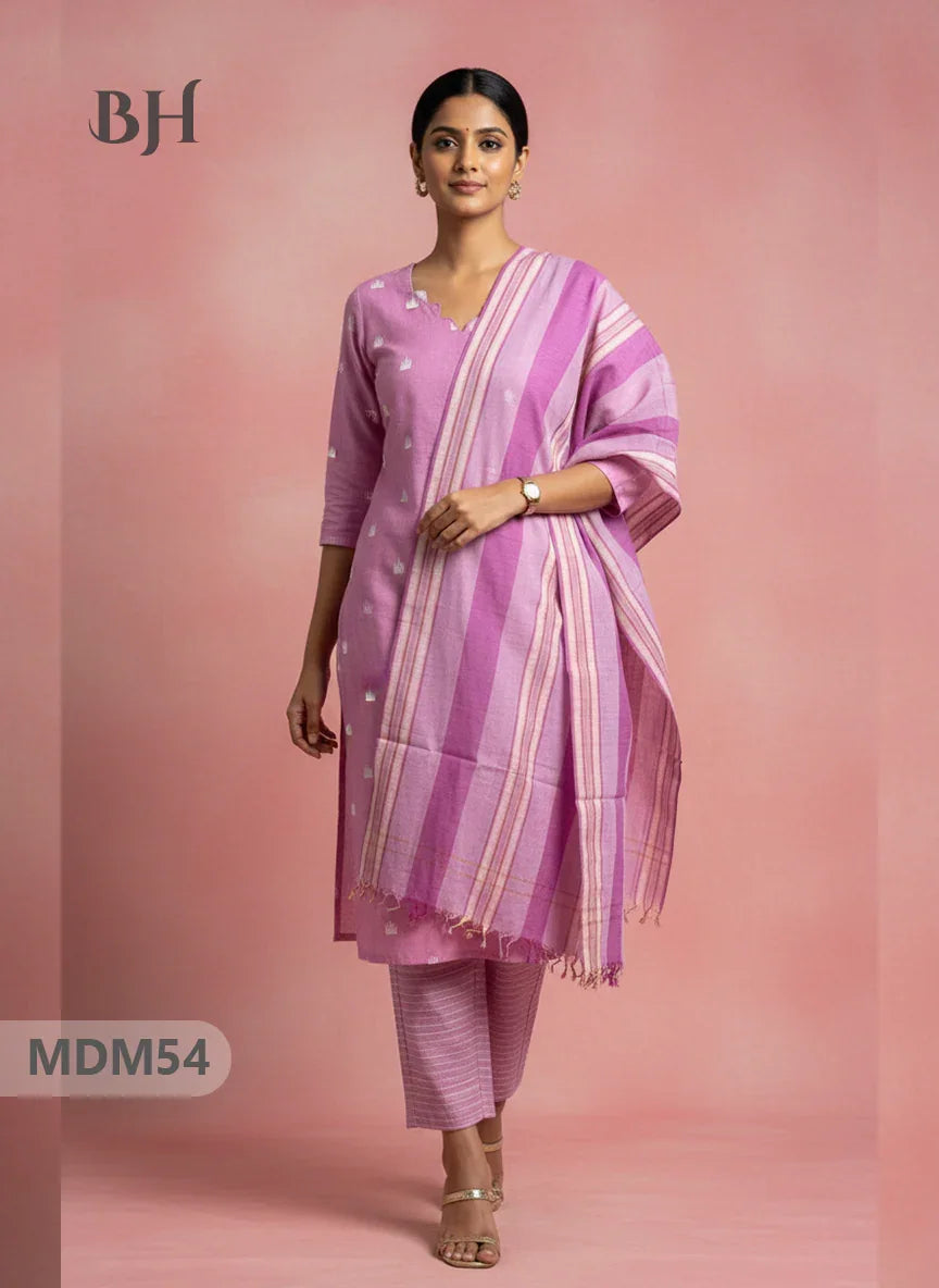 Handloom Jacquard 3pc Suit Set – Pink with Pocket, Elastic Bottom & Full Lining