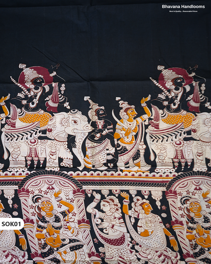 Kalamkari Dress Material 3PC Set in Black Colour with Georgette Dupatta