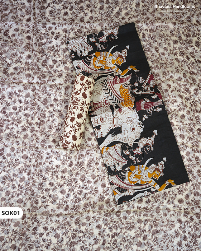 Kalamkari Dress Material 3PC Set in Black Colour with Georgette Dupatta