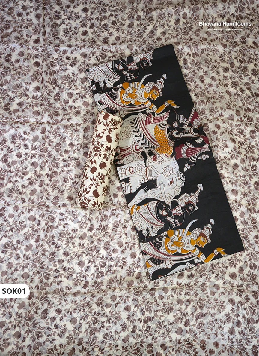 Kalamkari Dress Material 3PC Set in Black Colour with Georgette Dupatta