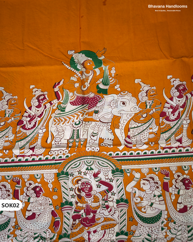 Kalamkari Dress Material 3PC Set in Orange Colour with Georgette Dupatta