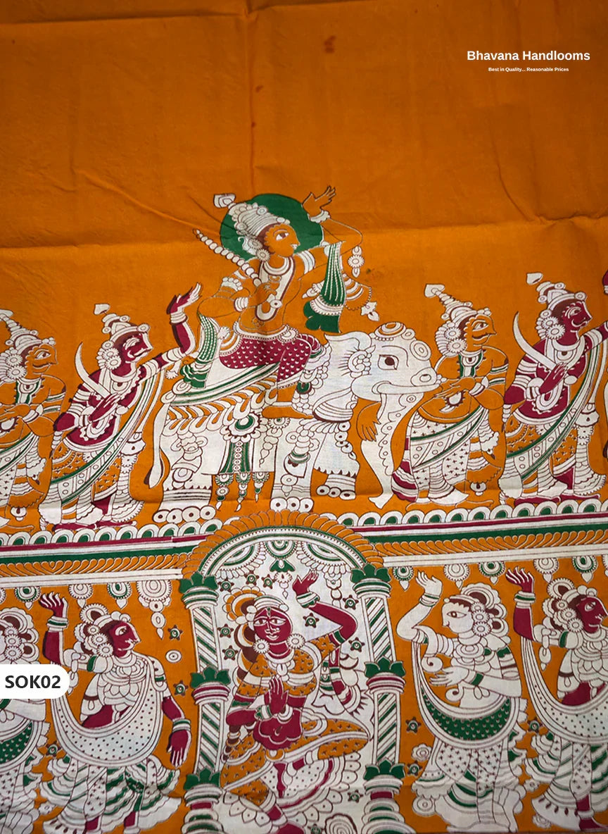 Kalamkari Dress Material 3PC Set in Orange Colour with Georgette Dupatta