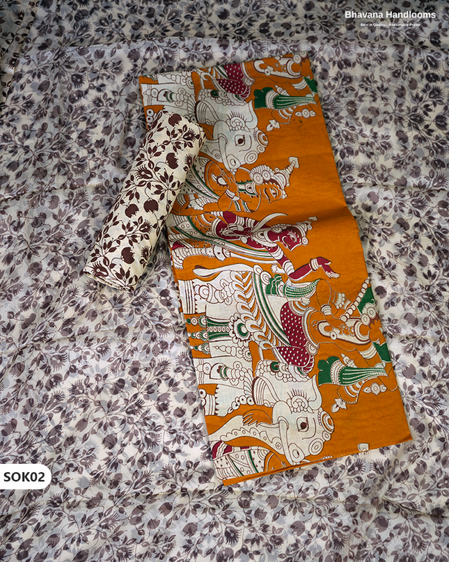 Kalamkari Dress Material 3PC Set in Orange Colour with Georgette Dupatta