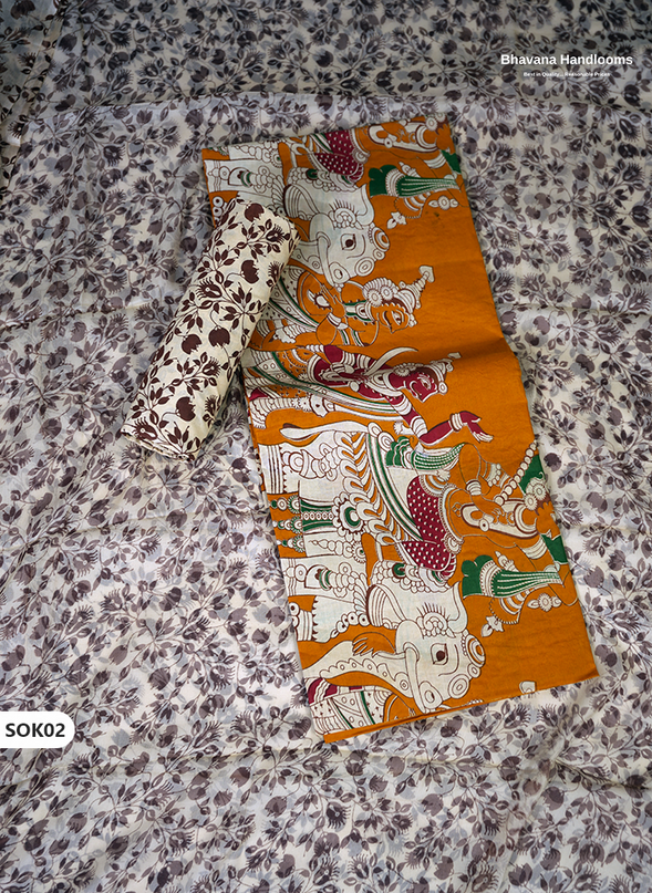Kalamkari Dress Material 3PC Set in Orange Colour with Georgette Dupatta