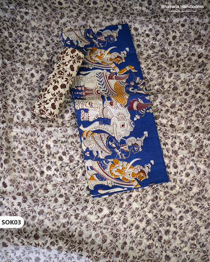 Kalamkari Dress Material 3PC Set in Indigo Blue Colour with Georgette Dupatta