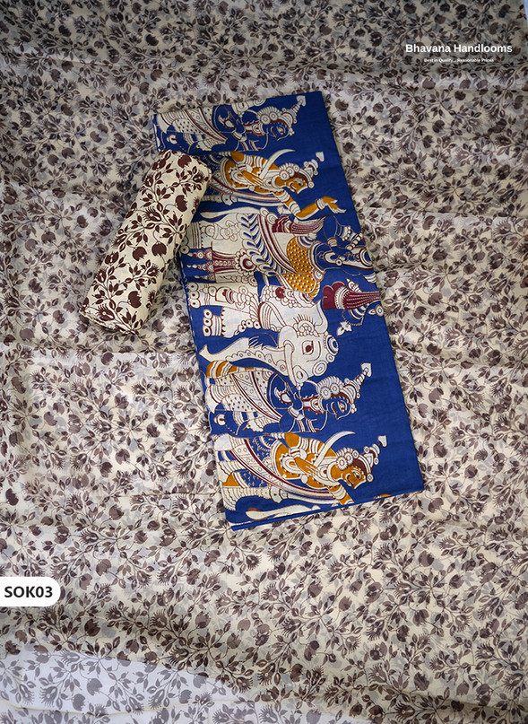 Kalamkari Dress Material 3PC Set in Indigo Blue Colour with Georgette Dupatta