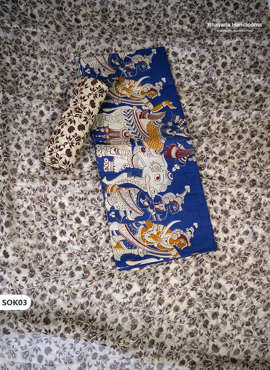 Kalamkari Dress Material 3PC Set in Indigo Blue Colour with Georgette Dupatta