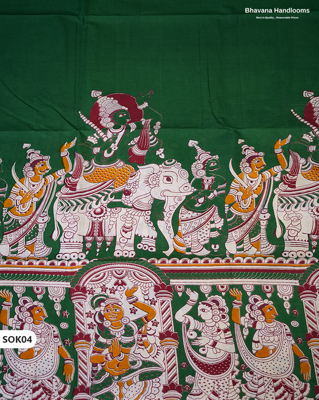 Kalamkari Dress Material 3PC Set in Forest Green Colour with Georgette Dupatta