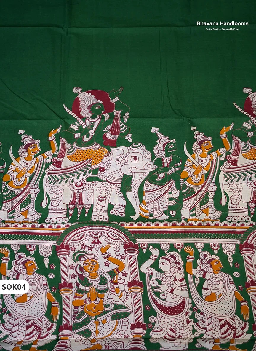Kalamkari Dress Material 3PC Set in Forest Green Colour with Georgette Dupatta