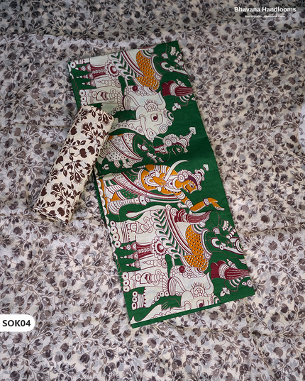 Kalamkari Dress Material 3PC Set in Forest Green Colour with Georgette Dupatta