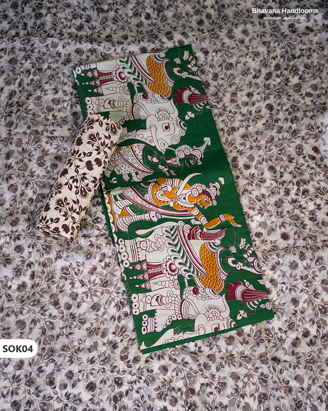 Kalamkari Dress Material 3PC Set in Forest Green Colour with Georgette Dupatta