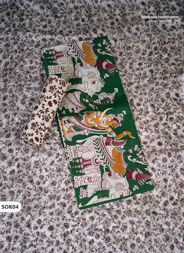 Kalamkari Dress Material 3PC Set in Forest Green Colour with Georgette Dupatta