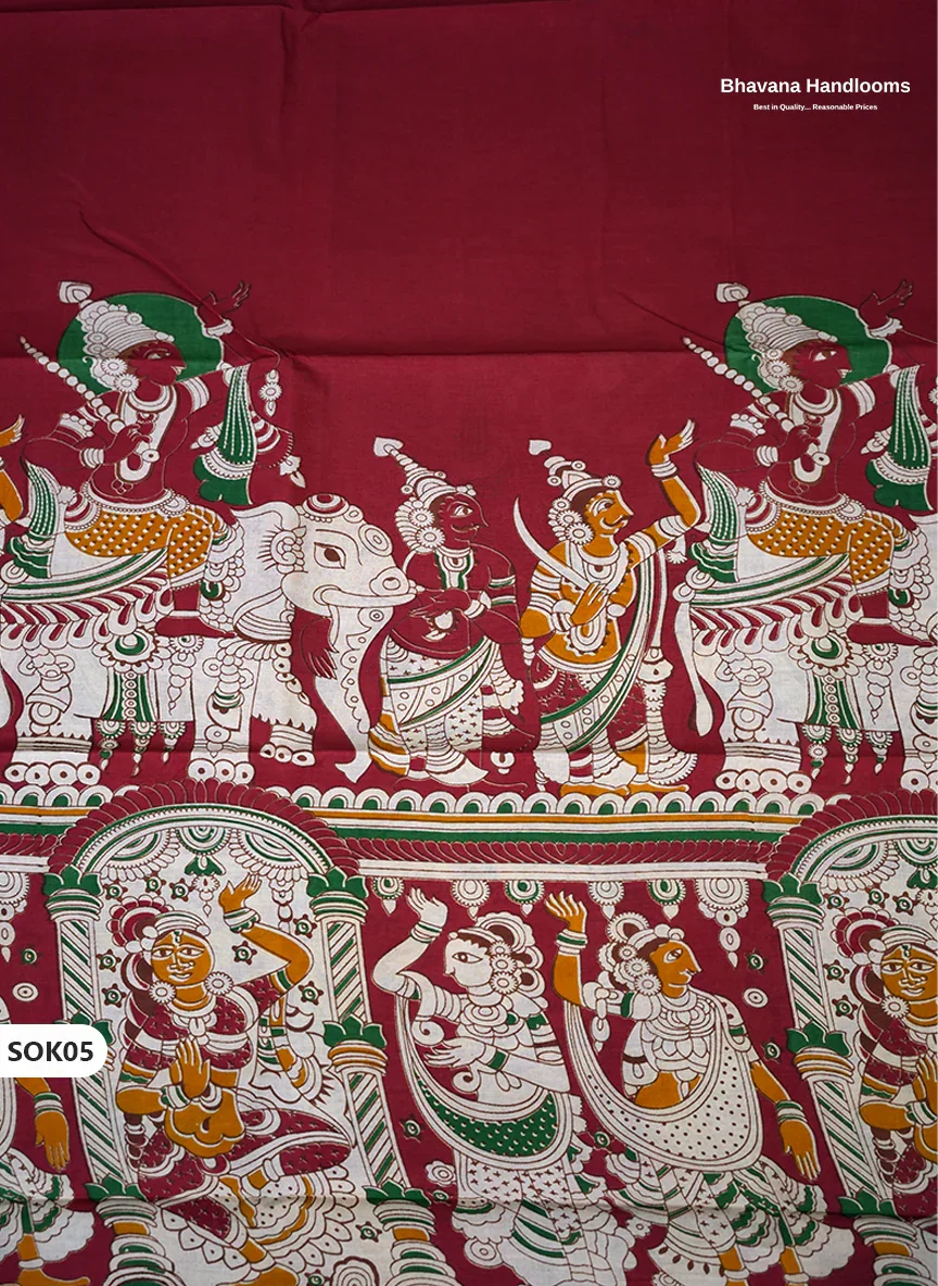 Kalamkari Dress Material 3PC Set in Brick Red Colour with Georgette Dupatta