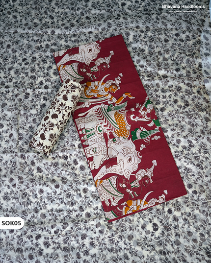 Kalamkari Dress Material 3PC Set in Brick Red Colour with Georgette Dupatta