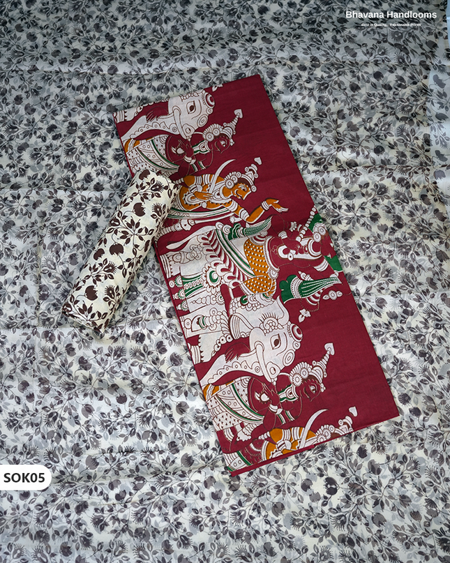 Kalamkari Dress Material 3PC Set in Brick Red Colour with Georgette Dupatta