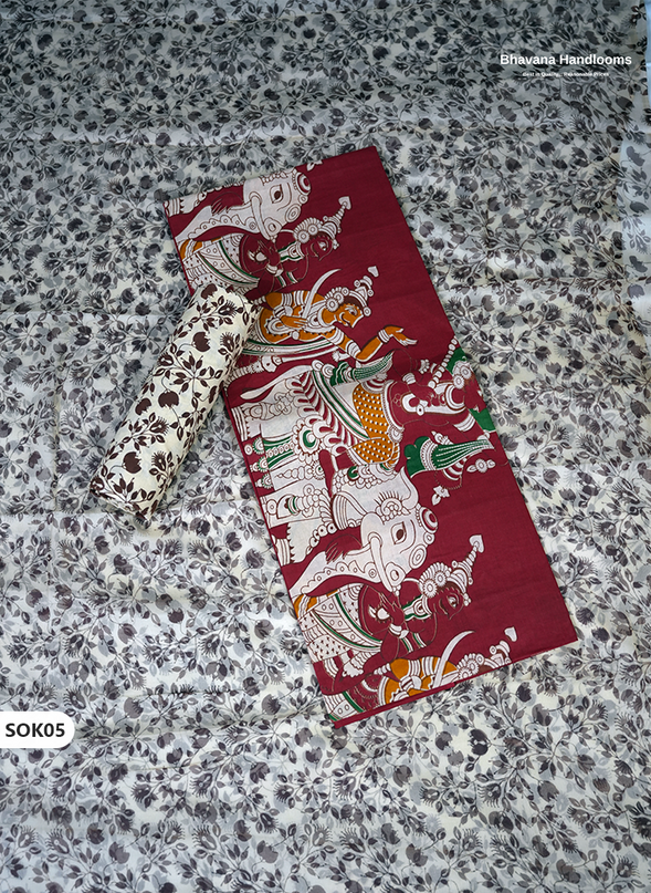 Kalamkari Dress Material 3PC Set in Brick Red Colour with Georgette Dupatta