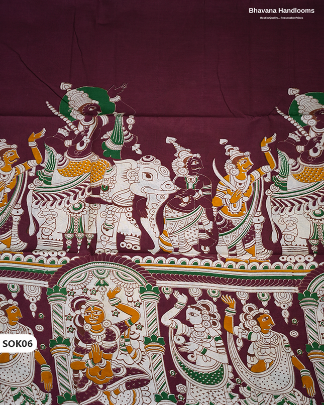 Kalamkari Dress Material 3PC Set in Plum Maroon Colour with Georgette Dupatta