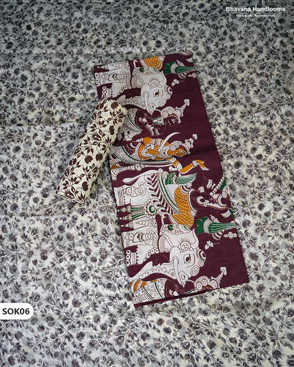 Kalamkari Dress Material 3PC Set in Plum Maroon Colour with Georgette Dupatta