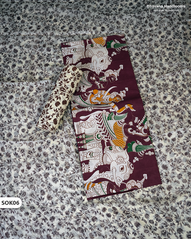 Kalamkari Dress Material 3PC Set in Plum Maroon Colour with Georgette Dupatta