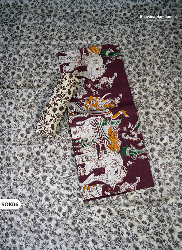 Kalamkari Dress Material 3PC Set in Plum Maroon Colour with Georgette Dupatta