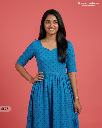 Pintex Design Cotton Frock with Knots in Peacock Blue Colour | Elegant Women’s Everyday Wear Dress