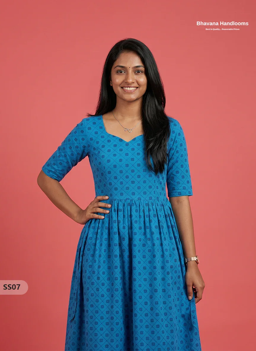 Pintex Design Cotton Frock with Knots in Peacock Blue Colour | Elegant Women’s Everyday Wear Dress