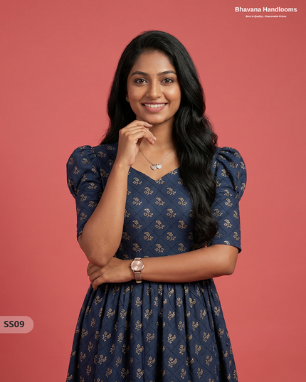 Pintex Design Cotton Frock with Knots in Navy Blue Colour | Elegant Women’s Everyday Wear Dress