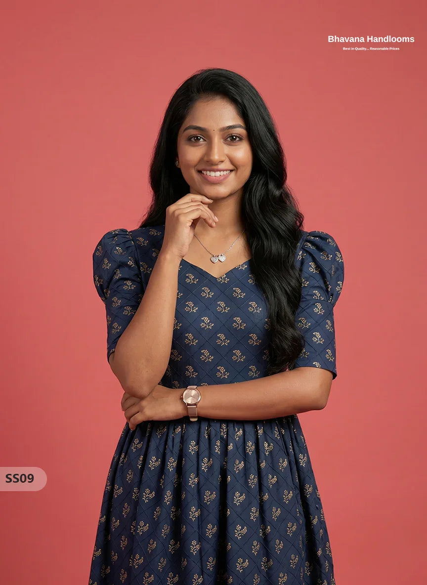 Pintex Design Cotton Frock with Knots in Navy Blue Colour | Elegant Women’s Everyday Wear Dress