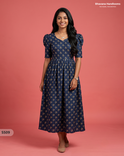 Pintex Design Cotton Frock with Knots in Navy Blue Colour | Elegant Women’s Everyday Wear Dress