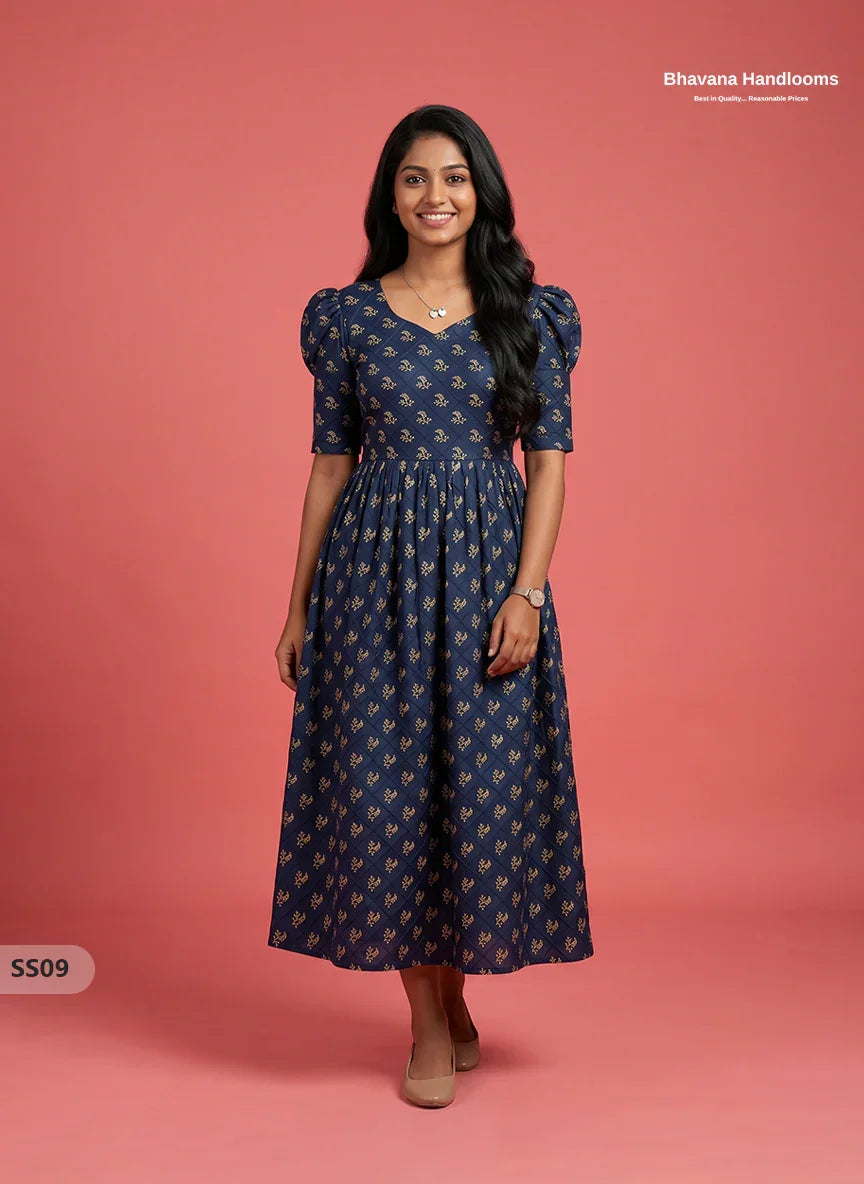 Pintex Design Cotton Frock with Knots in Navy Blue Colour | Elegant Women’s Everyday Wear Dress