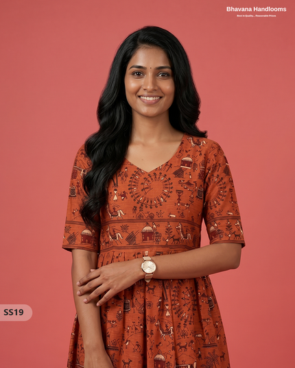 Kalamkari Design Frock – Rust Orange Colour | Handloom Ethnic Wear with Half Lining