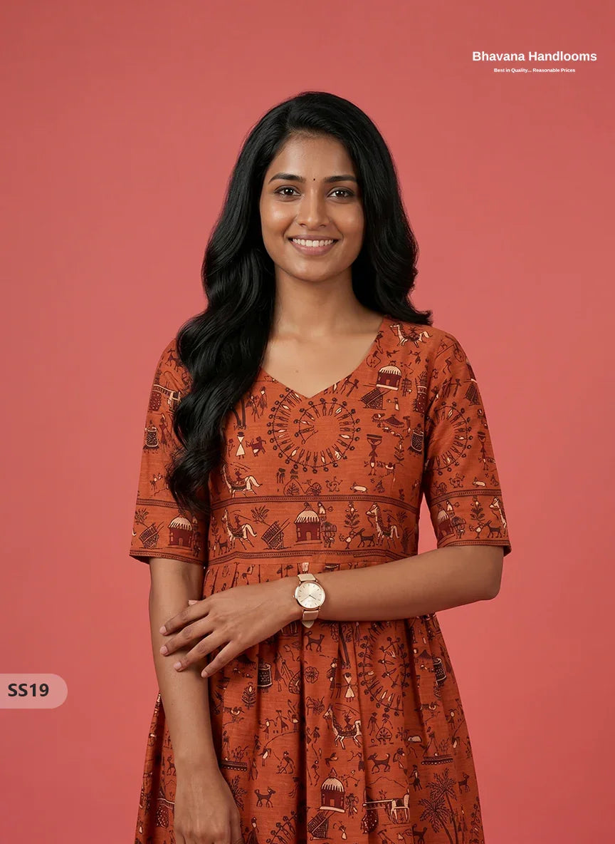 Kalamkari Design Frock – Rust Orange Colour | Handloom Ethnic Wear with Half Lining