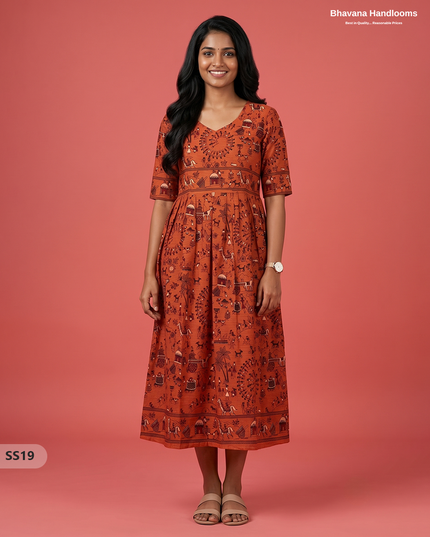 Kalamkari Design Frock – Rust Orange Colour | Handloom Ethnic Wear with Half Lining