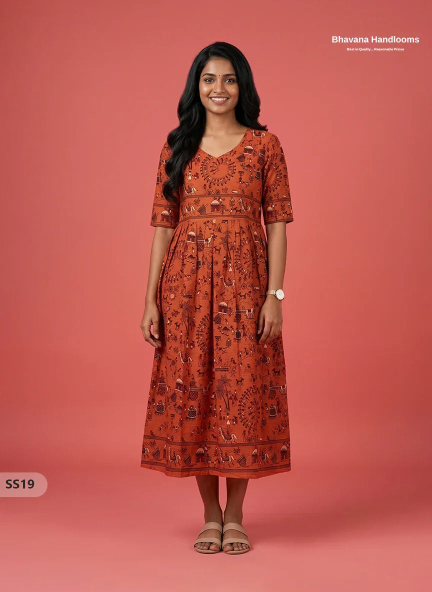 Kalamkari Design Frock – Rust Orange Colour | Handloom Ethnic Wear with Half Lining